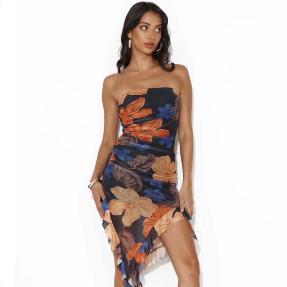 NWOT Angel Biba/Hello Molly Space Apart Strapless Mesh Frill Midi Dress- Black S